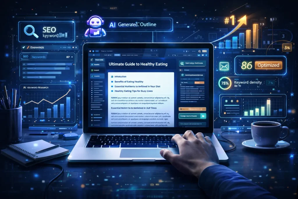 AI powered blogging workflow showing keyword research, content optimization and SEO analytics