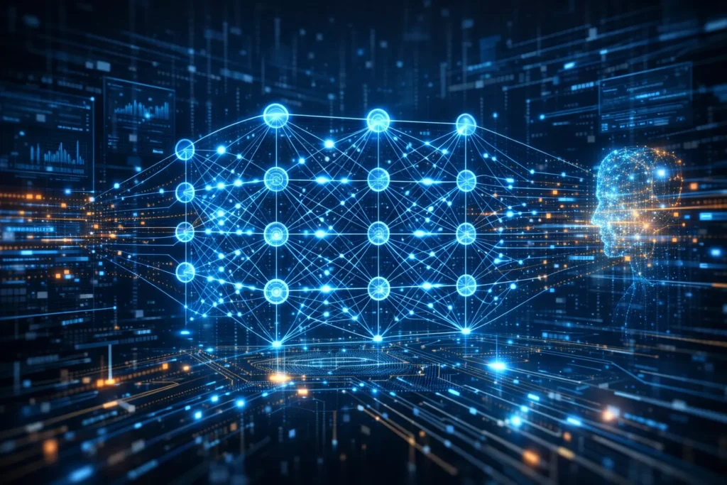 Artificial intelligence neural network architecture showing deep learning layers processing data