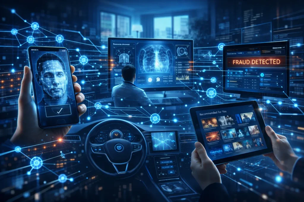 Artificial intelligence applications in everyday life including smartphone face recognition, healthcare diagnostics, banking fraud detection, and smart car navigation.