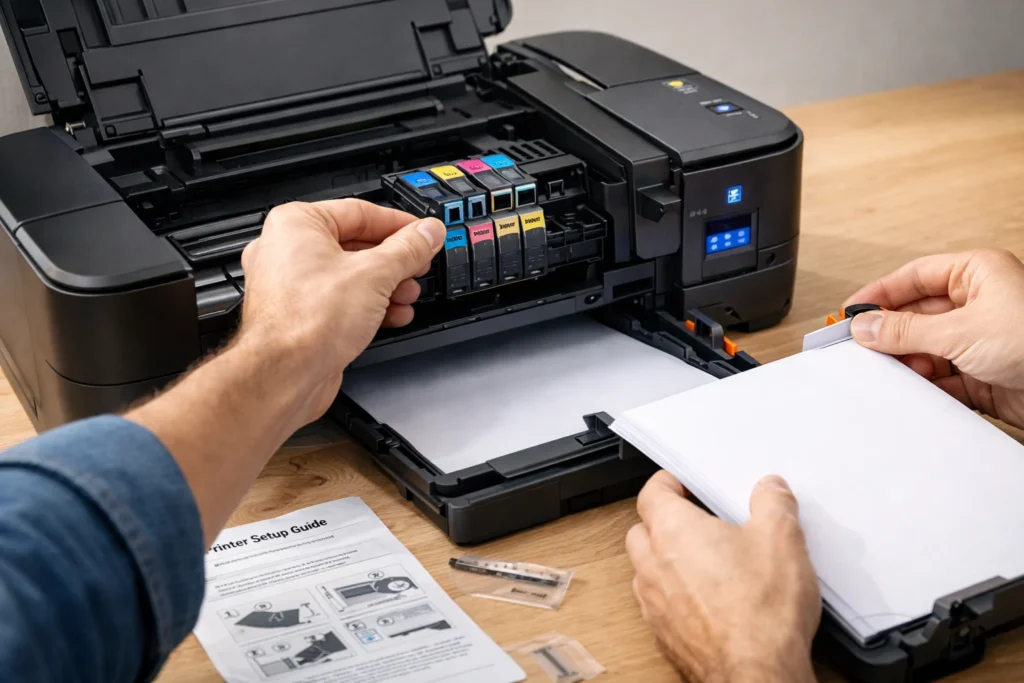 Installing ink cartridges and loading paper into inkjet printer step by step