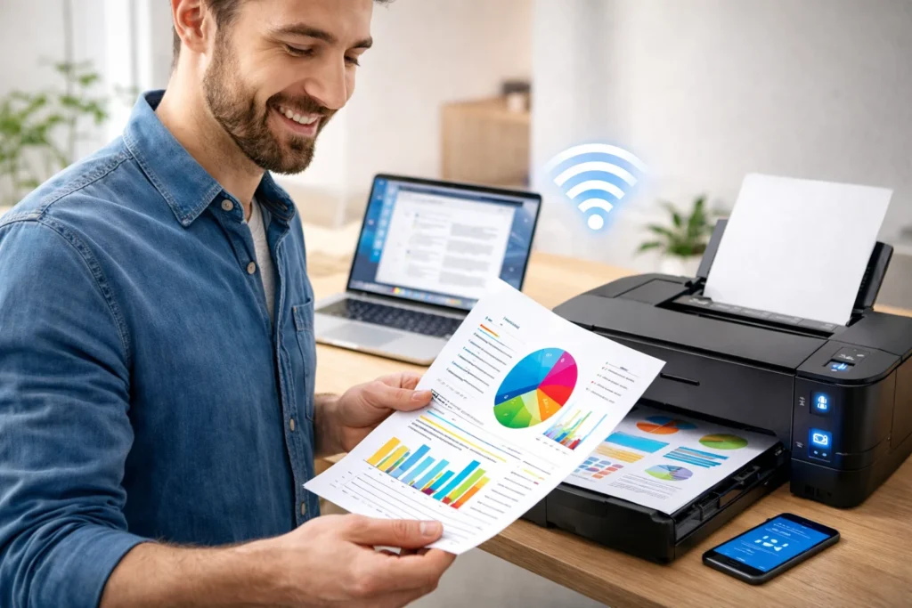 Happy user printing colorful document from wireless printer setup