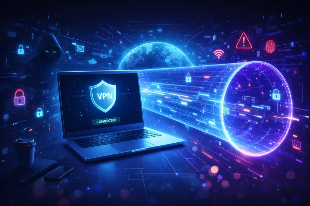 Laptop connected through a glowing VPN tunnel with shield protecting data from hackers