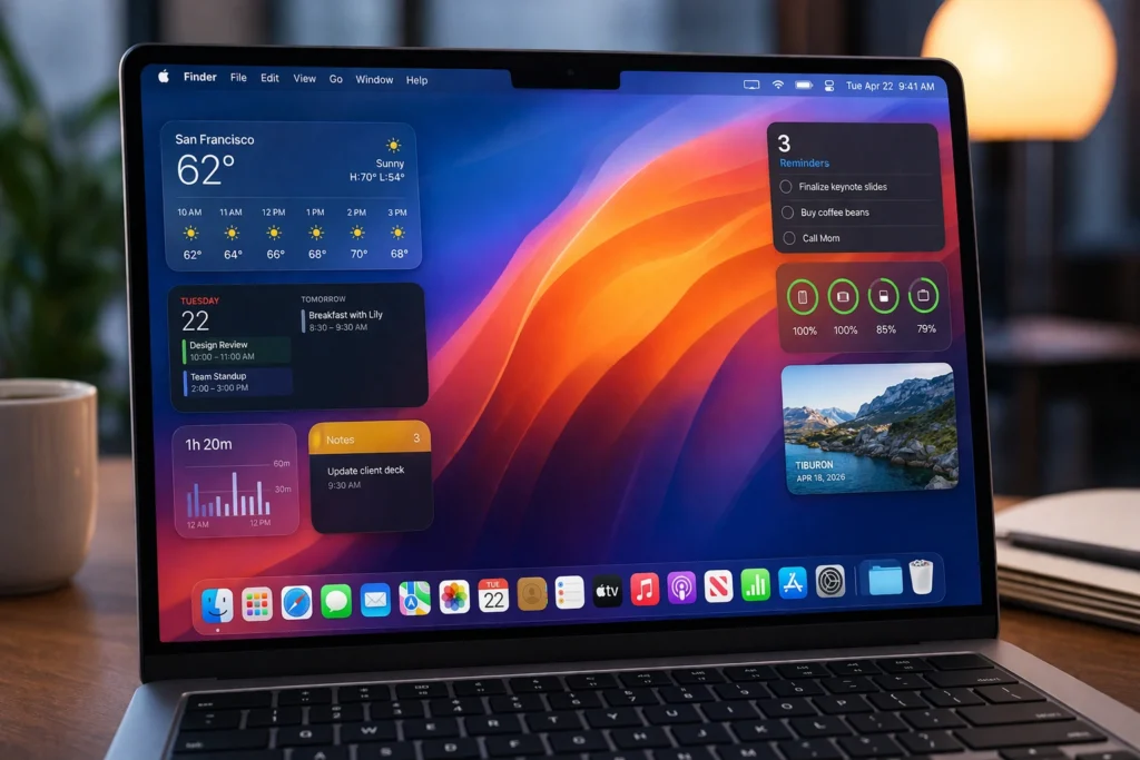 MacBook 2026 display showing macOS Sequoia interface with widgets, dock, and vibrant high-resolution wallpaper