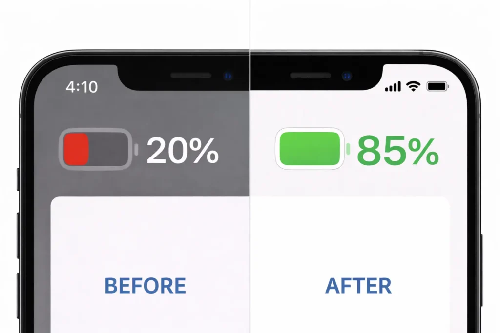 Split-screen image showing iPhone battery improvement from 20% before optimization to 85% after applying battery-saving tips.