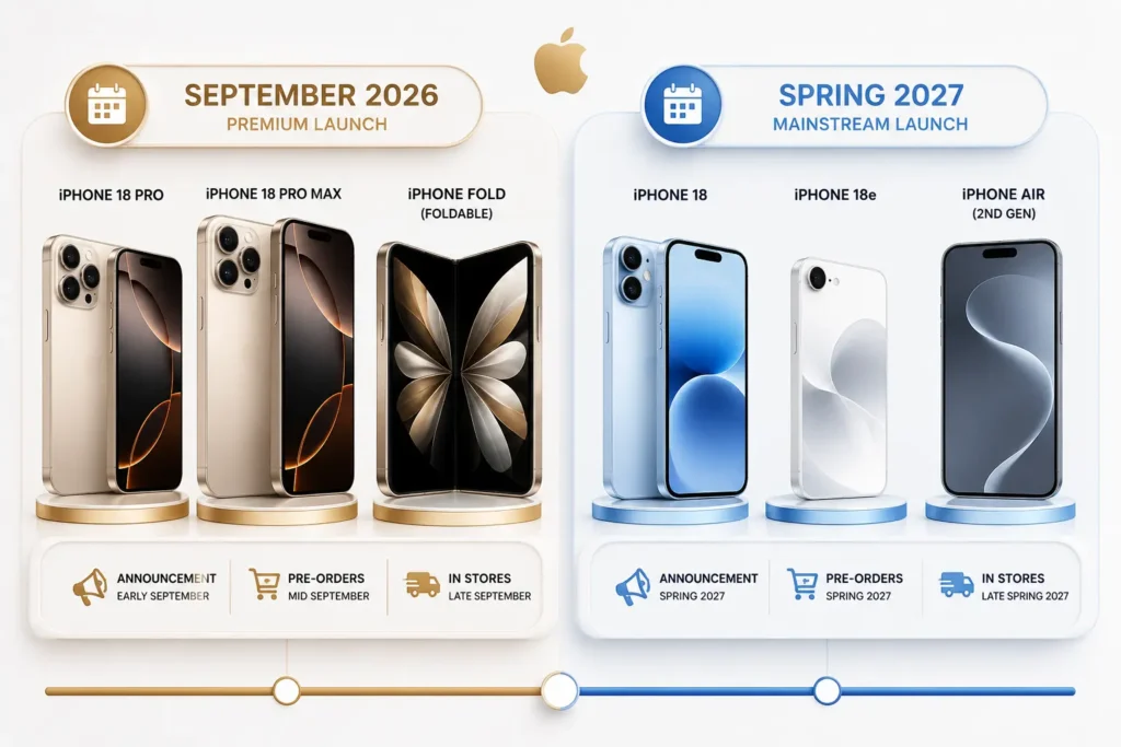 iPhone 18 release timeline showing Pro models launching in September 2026 and standard models in Spring 2027.