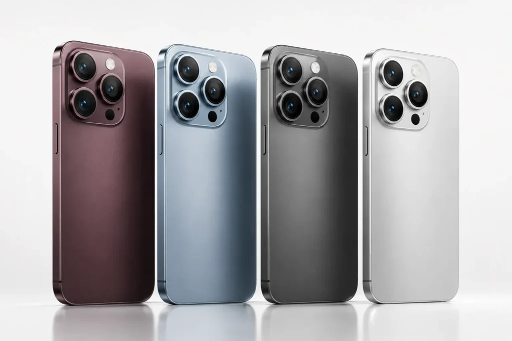 Rumored iPhone 18 Pro color options including Dark Cherry, Light Blue, Dark Gray, and Silver.