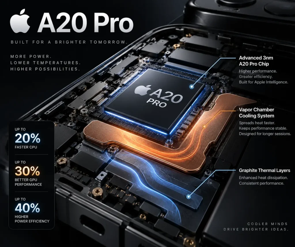 Illustration of the Apple A20 Pro chip and enlarged vapour cooling chamber inside the iPhone 18 Pro