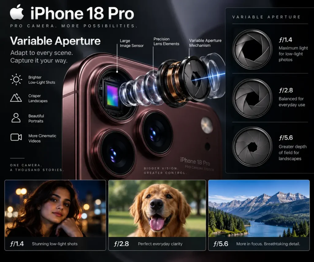 Close-up of the iPhone 18 Pro's 48MP variable-aperture main camera lens
