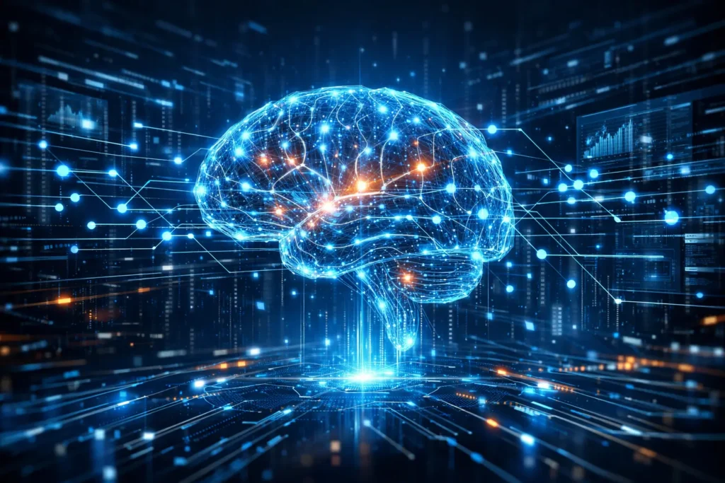 Artificial intelligence digital brain with neural network connections representing machine learning technology in 2026