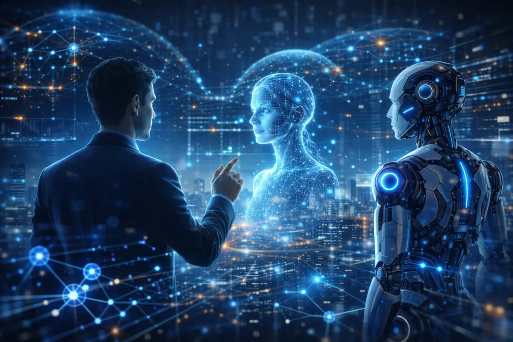 Future of artificial intelligence showing human interacting with holographic AI assistant and advanced robots in a futuristic digital network environment.