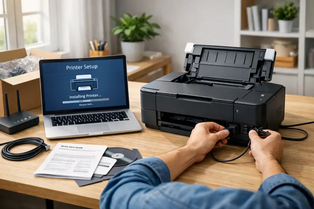 Modern home office printer setup with laptop and WiFi connection step by step