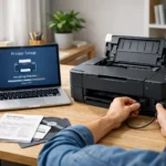 Modern home office printer setup with laptop and WiFi connection step by step