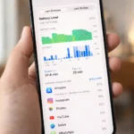 Close-up of an iPhone battery usage screen showing app-wise battery consumption and usage graph in settings.