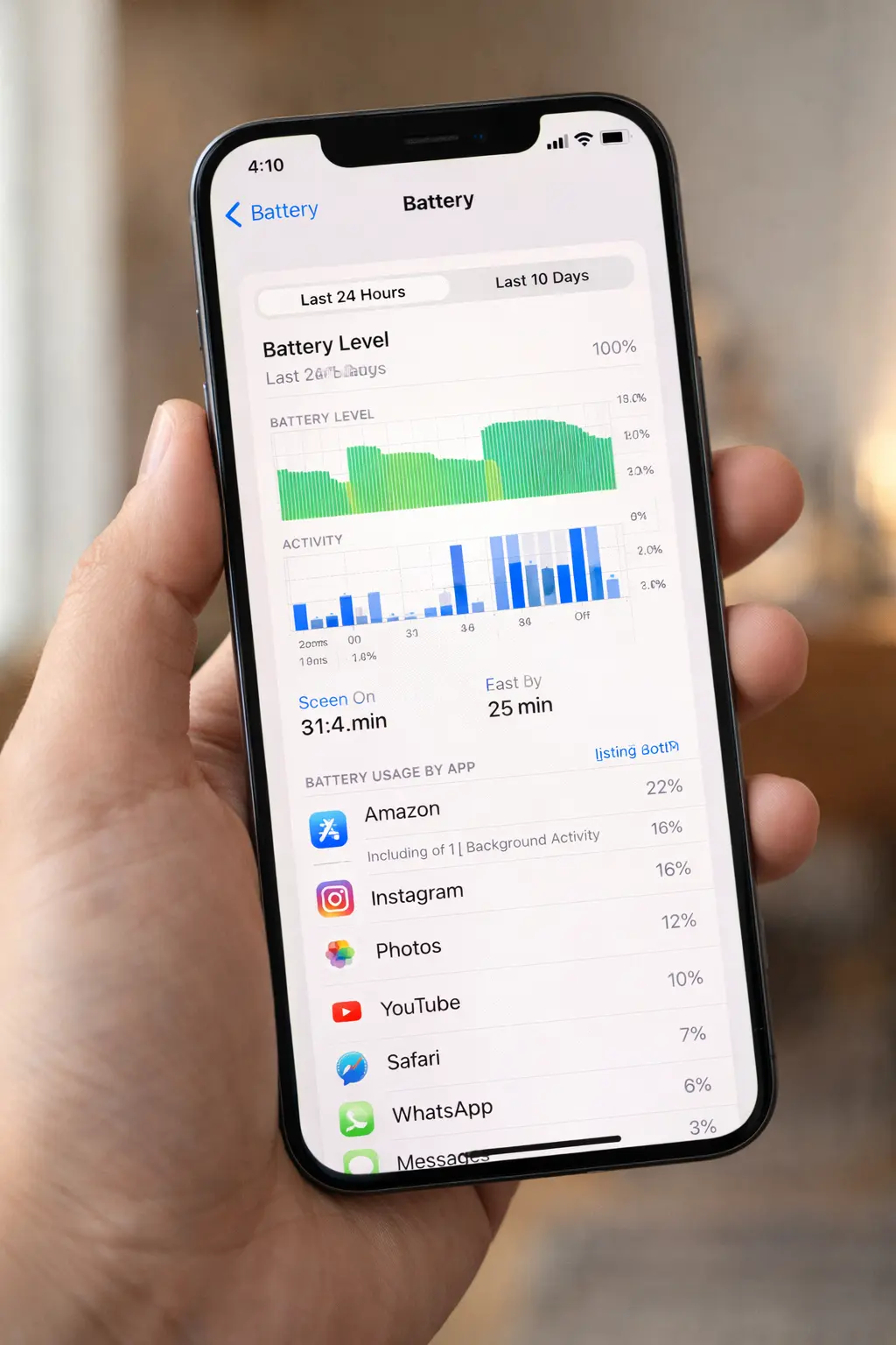 Close-up of an iPhone battery usage screen showing app-wise battery consumption and usage graph in settings.