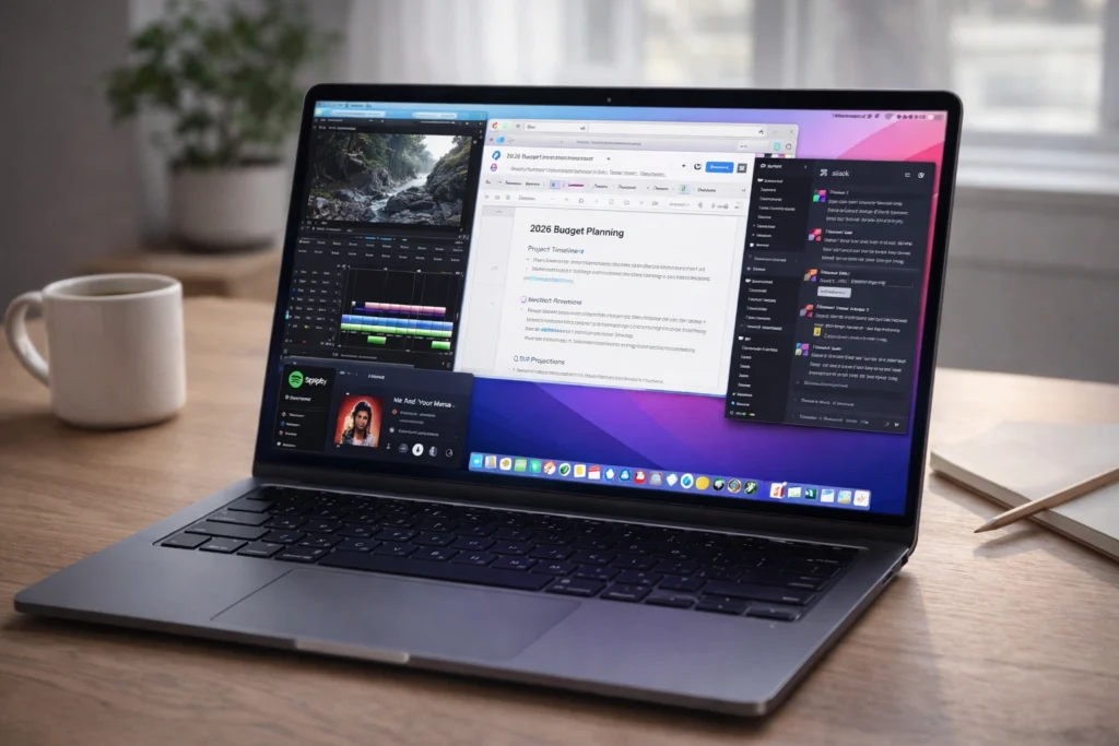 MacBook 2026 multitasking performance with video editing, browser tabs, Slack, and music apps open on a clean workspace
