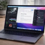MacBook 2026 multitasking performance with video editing, browser tabs, Slack, and music apps open on a clean workspace