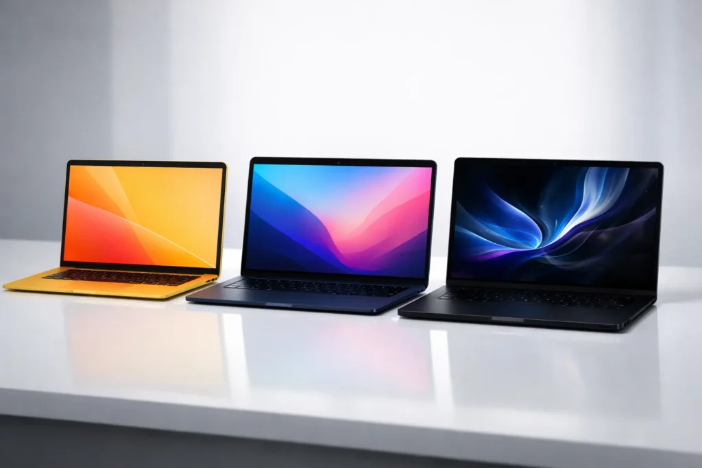 New MacBook 2026 lineup showing MacBook Neo, MacBook Air M5, and MacBook Pro M5 models on a minimal desk