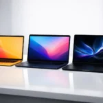 New MacBook 2026 lineup showing MacBook Neo, MacBook Air M5, and MacBook Pro M5 models on a minimal desk