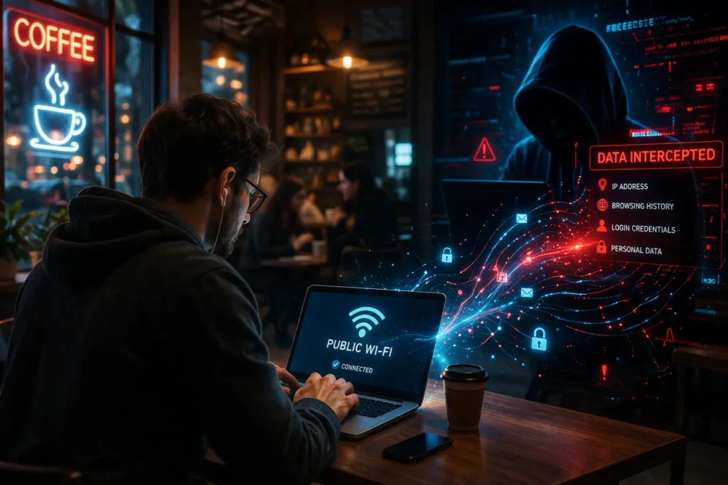 Person using laptop on public Wi-Fi while hacker intercepts data in a café environment