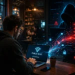 Person using laptop on public Wi-Fi while hacker intercepts data in a café environment