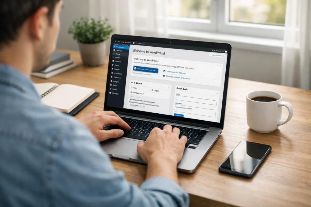 beginner setting up WordPress website dashboard on laptop