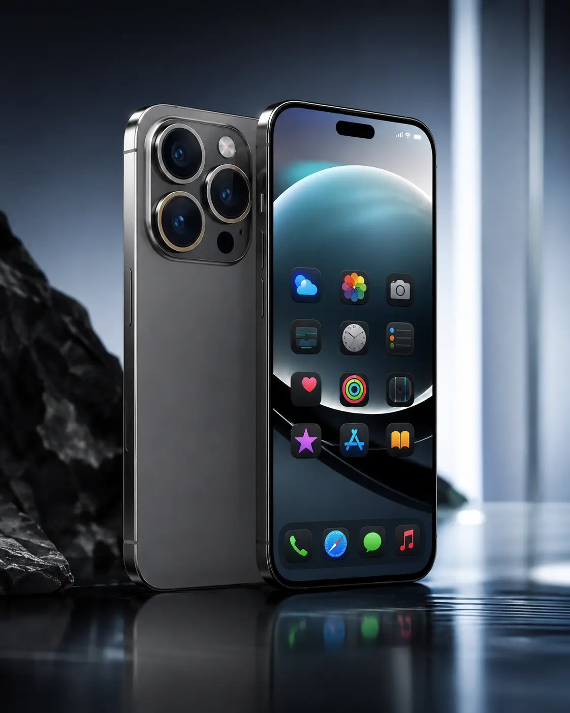 Rumored iPhone 18 Pro design featuring a titanium body, smaller Dynamic Island, and triple rear camera.