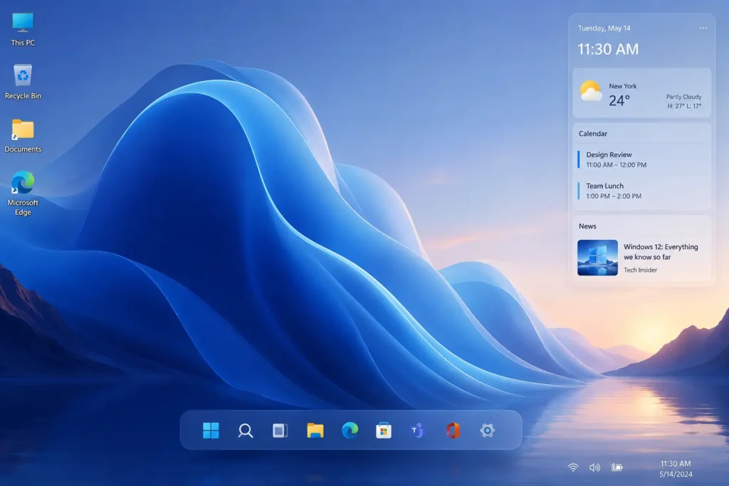 Windows 12 rumored floating taskbar concept on a modern desktop