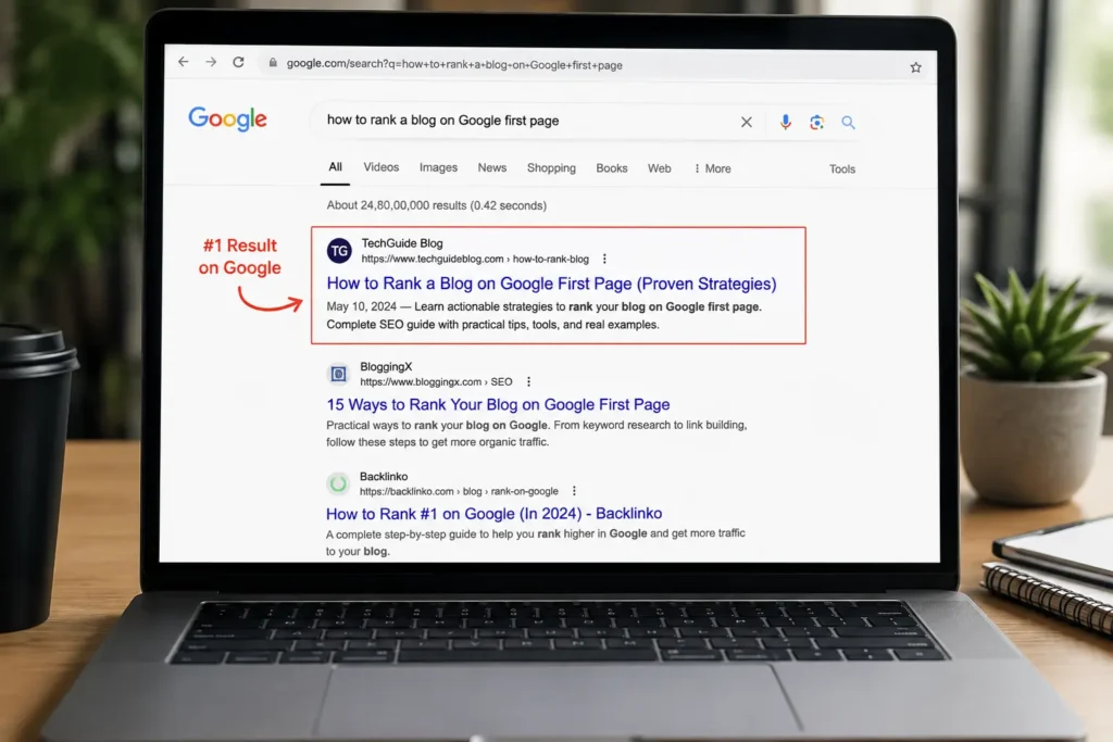 how to rank a blog on Google first page results example