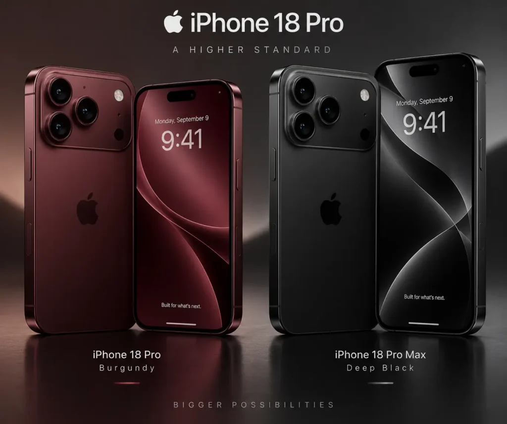 iPhone 18 Pro and iPhone 18 Pro Max shown side by side in Burgundy and Deep Black colours